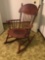 Spindle & Floral Motif Press Back Rabbit Ear Walnut Rocking Chair W/ Tooled Leather & Stag Seat
