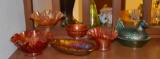 (6) Carnival Glass Style Dishes and Hen on Nest.