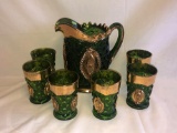 Emerald Green & Gold Pattern Glass Pitcher w/ (6) Matching Glasses Possibly Green Croesus