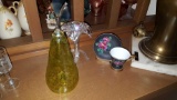 Lenwile China Decorative Tea Cup and Saucer w/ Stand, Blown Glass Bud Vase and Blown Glass Pear.