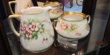 2-pc Gold Rimmed Green and Pink Floral Creamer and Sugar