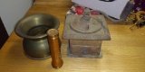 (3)Antique Coffee Mill, Copper Flashlight & Brass Spitoon