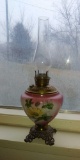 B & H Pink Floral Kerosene Lamp w/ Metal Footed Base