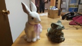 (2) 1 Ceramic Hare Lawn Decoration. (1) Frog Coin Bank.