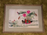 Framed Hand Stitched Birds and Flowers sight view 17 1/2in by 11 1/2in