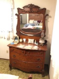 Solid Oak Serpentine Front Dresser W/ Carved & Gingerbread Beveled Mirror w/ Matching Full Sz Bed