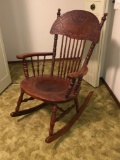 Spindle & Floral Motif Press Back Rabbit Ear Walnut Rocking Chair W/ Tooled Leather & Stag Seat