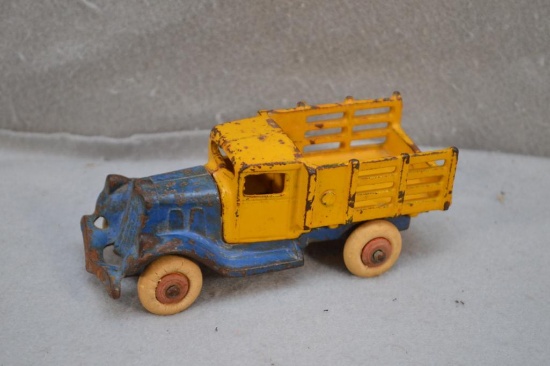 Vintage 1930's Hubley Cast Iron Toy Stake Truck Painted Blue & Yellow