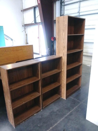 (2) 2'W x 9-1/2"D x 40"H Book Cases & (1) 28"W x 11-1/2"D x 6'H Bookcase