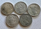 Mixed lot of (5) Silver Morgan and Peace Dollars (1921, 1921, 1922, 1896,1923)