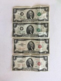 Lot of 4 Two Dollar Bills (2 red seals and 2 greens seals)