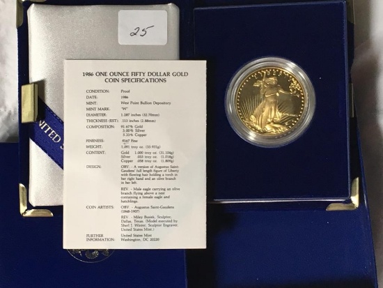 1986 W One Ounce Fifty Dollar Saint-Gaudens Gold Proof Coin