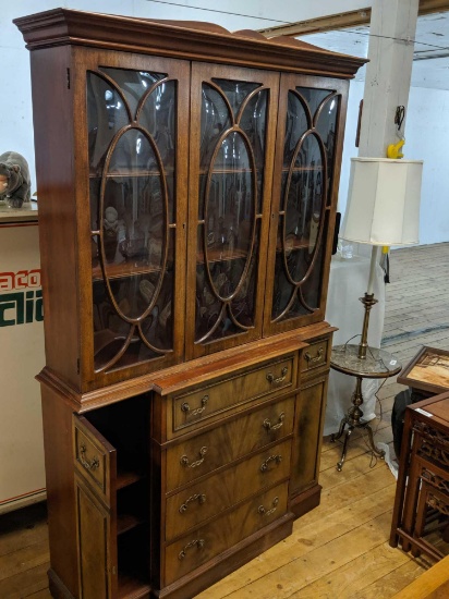 Vintage Breakfront Style Cabinet & Desk w/ Curved Glass