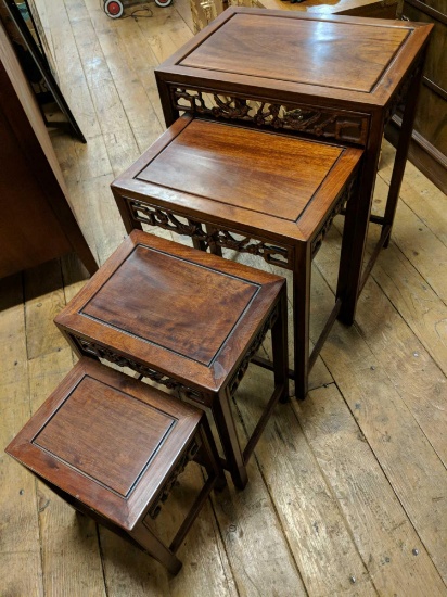 4-pc Nesting Tables w/ Ornately Carved Apron Depicting Floral & Bird Motif