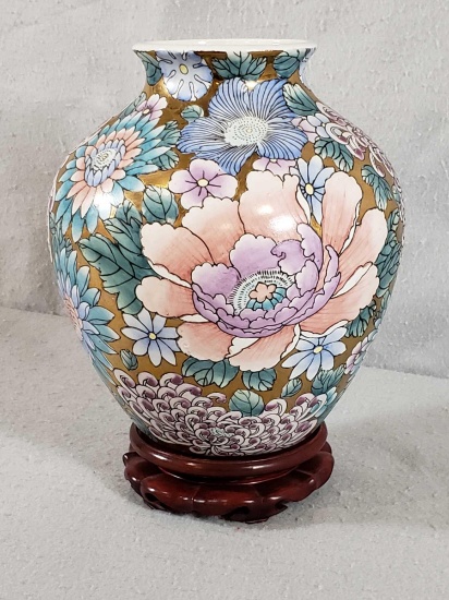 Hand Painted Oriental Style Vase w/ Wooden Vase Stand