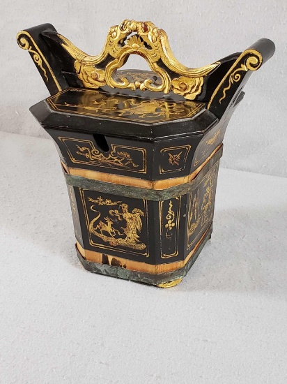 Oriental Style Lacquered Handled Box w/ Gold Detail