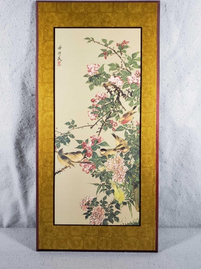 Japanese Print on Wood Birds, roses and crabapple tree