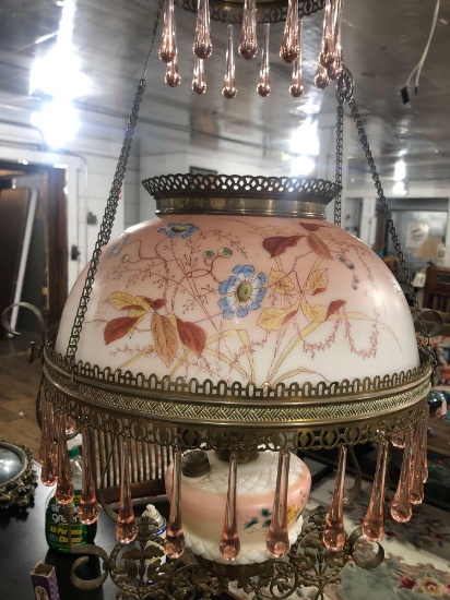 Pink Floral Victorian Antique Brass and Glass Hanging Oil Lamp Chandelier Library Parlor