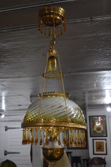 Victorian Antique Brass and Glass Hanging Oil Lamp Chandelier Library Parlor