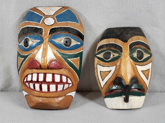 (2) Hand Carved & Painted Northwest Coast Tribal Masks