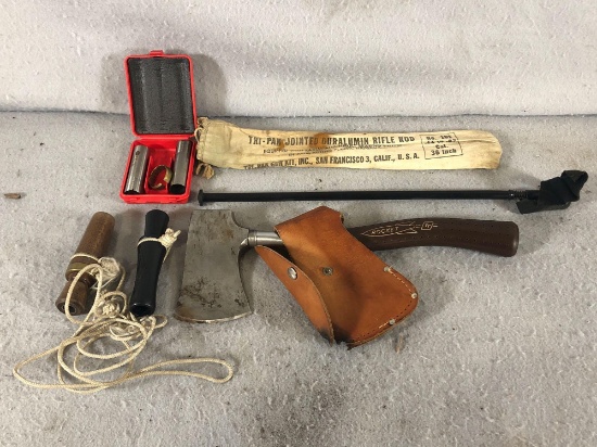 Gun Cleaner Kit, Assorted Game Calls, & Hatchet