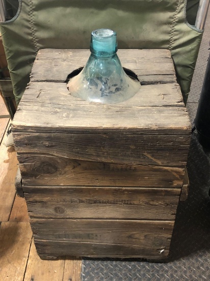Primitive Glass Jug Encased In Wood Crate
