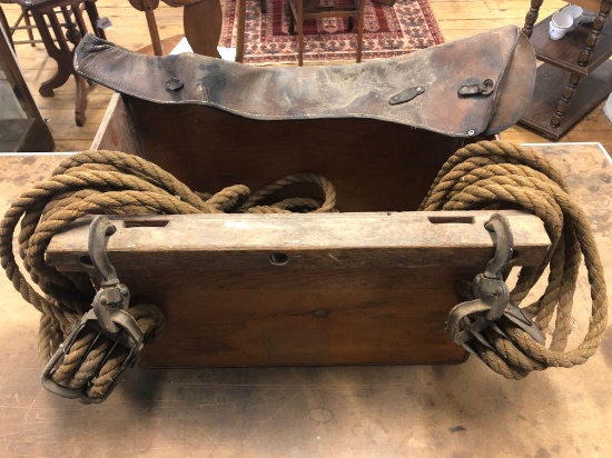Vintage Wooden Box w/ Pully & Rope Etc.