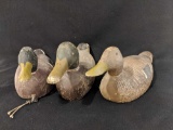 (3) Vintage Wooden Mallard Duck Decoys & (1) Metal 9mm Ammunition Box