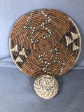 (1)Native American Large Basket Bowl. (1) Native American Small Basket Bowl with Lid.