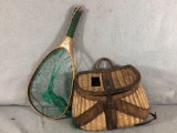 Vintage Fishing Creel, Fishing Net, & Camouflage Life Vest