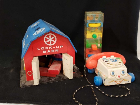 (1) Vintage Playskool Lock-Up Barn w/ Blocks, (1) Fisher-Price Tumbler Tower & (1)Chatter Telephone