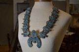 M.P. PEYNESTA Sterling Silver & Turquoise Squash Blossom Style Necklace w/ Matching Earrings