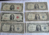Lot of 4 $1.00 Silver Certificate (inc. 1935E), $2.00 red seal and $5.00 red seal notes