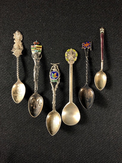 (6) Sterling Silver w/Enamel Souvenir Spoons