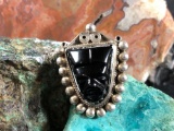 Black Onyx Mask Mexican Silver Ring