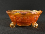 Fenton Marigold Butterfly and Berries Carnival Glass Claw Footed Bowl