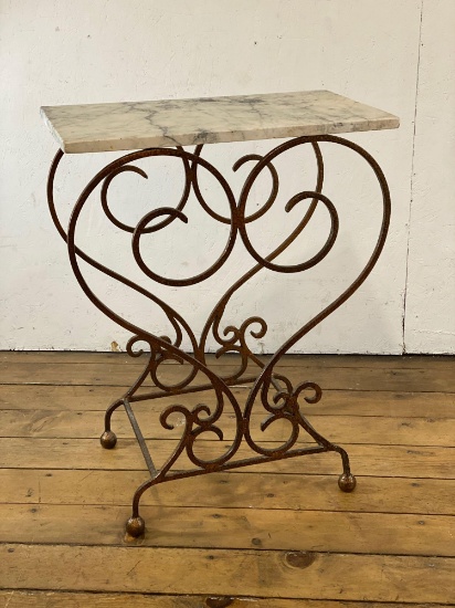 White Marble Top Wrought Iron Heart Shaped Base Side Table