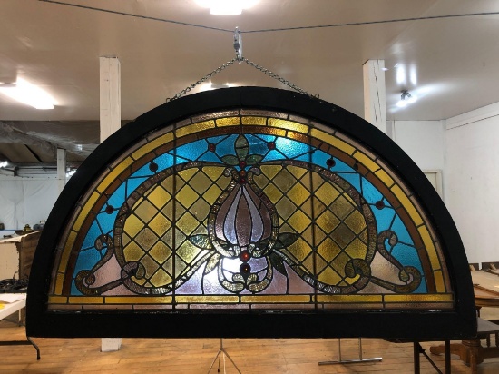 Half Round Stained Glass Hanging Window Panel w/ Wood Frame