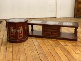 Asian Themed Coffee Table & Matching Endtable w/ Carved In Relief & Glass Tops