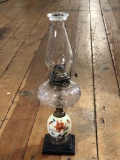 Cast iron Hand Painted Base & Pattern Glass Oil Lamp