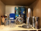 Shelf of Coozies, Martini Shaker, Strainer, Flask, etc.