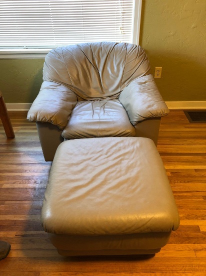 Beige Leather Living Room Chair (33" H x 37" W x 33" D) with matching Ottoman