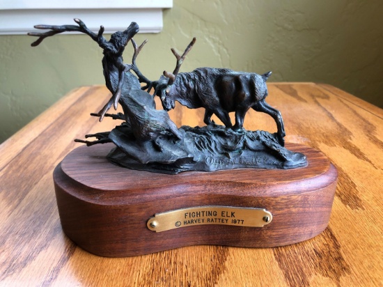 Bronze Sculpture "Fighting Elk" 1977 Harvey Rattey, Bozeman, MT