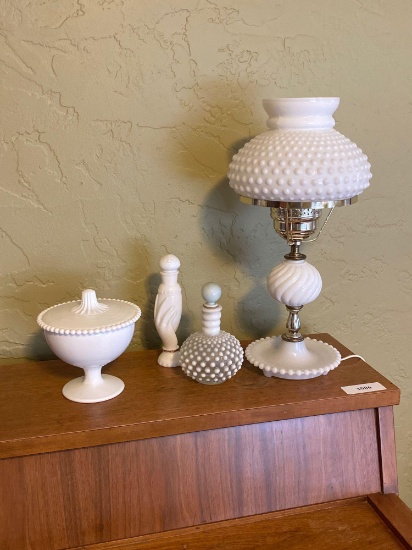 White Milk Glass Electric Lamp, Compote, Jar, & Perfume Bottle