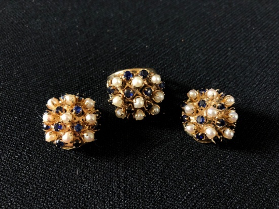 14k Gold Ring & Clip On Earrings w/ Pearls & Sapphires 25.1g