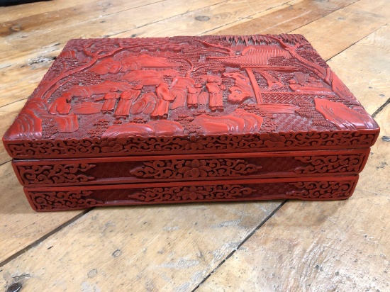 Chinese Carved Cinnabar Box w/ 2 Trays