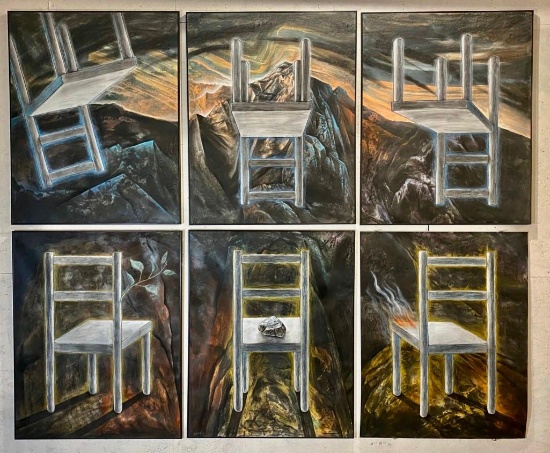 Neil Meitzler (American1930-2009) "Musical Chairs" Hexaptych Mixed Media