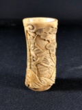 20th C. Hand Carved Bone Handle Depicting Samurai & War Camp 3.5