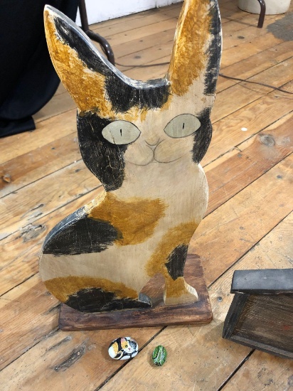 Folk Art Wooden Cat & Framed Wooden Cricket
