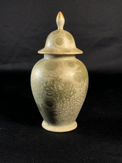 Japanese Imperial Ware K-33 Ginger Jar, Gold Flowers On Sage Green, 8" Tall